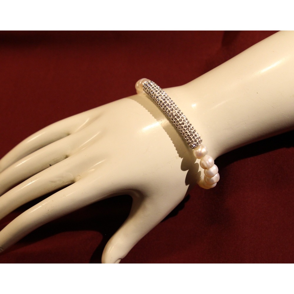White Freshwater Pearl and Crystal Rhinestones Stretch Bracelet  JTV  (A2)